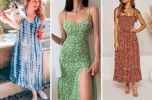 reviewer in tie dye maxi dress, model in spaghetti strap dress with thigh slit, model in tie strap maxi polka dot dress