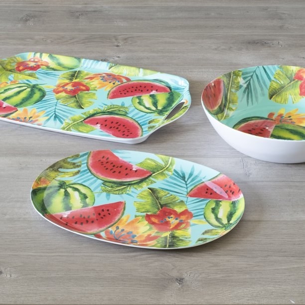 Watermelon print melamine serving platter, tray and bowl