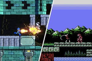On the left is a screenshot from Mega Man 11 and on the right is a screenshot from a Castlevania game