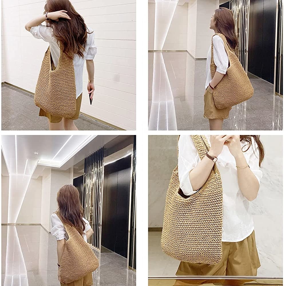 A person wearing the rattan bag