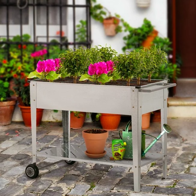 Raised planter box on wheels filled with planted flowers, a pot, watering can and soil