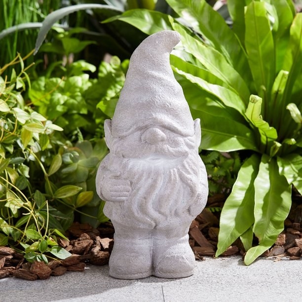 Gnome in front of green plants