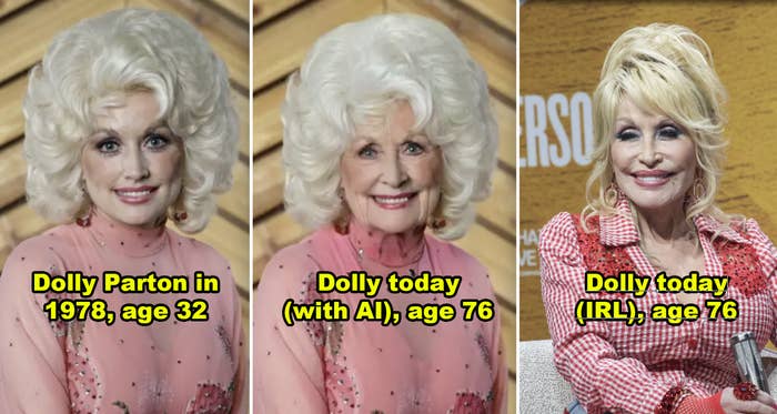 Dolly Parton in 1978, Dolly today with AI technology, and Dolly IRL today at age 76