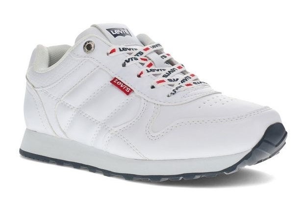 A pair of white sneakers that say Levi&#x27;s on the tongue, laces and a small red tag on the side