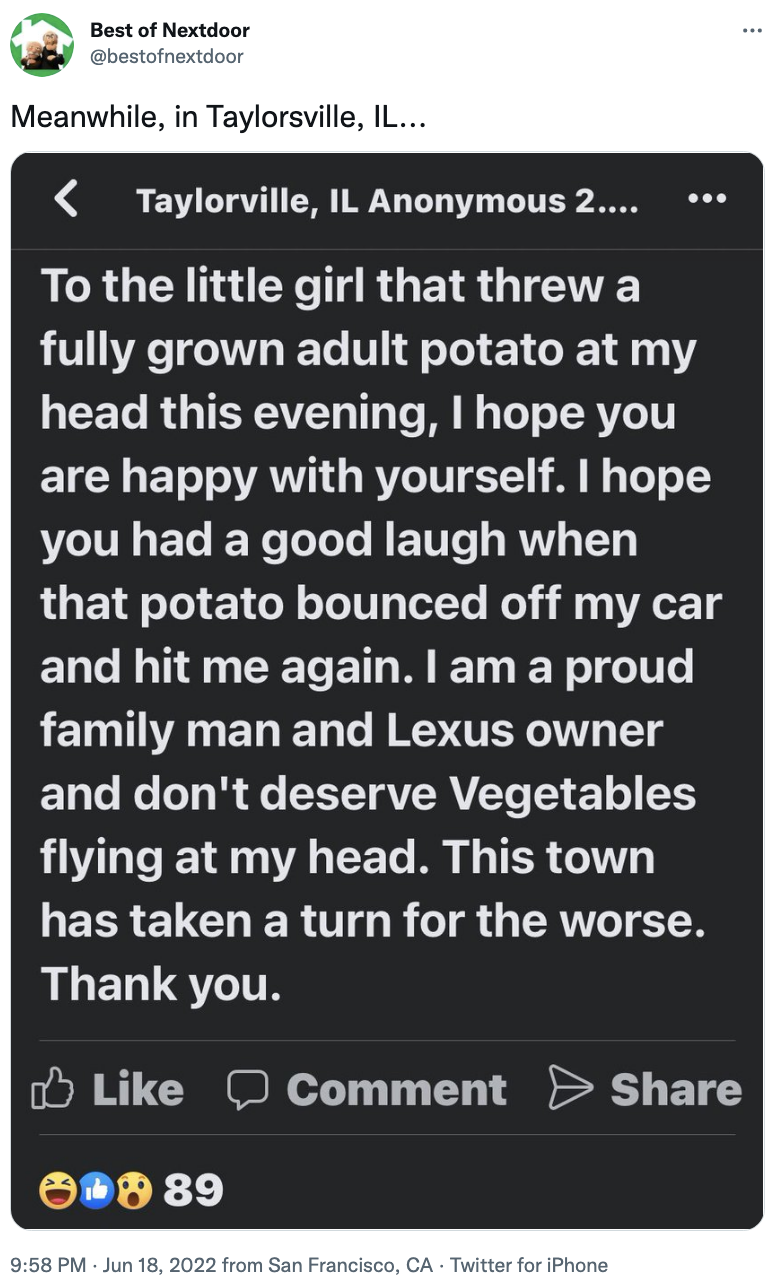 Screen shot of a post ending in, &quot;This town has taken a turn for the worse. Thank you.&quot;