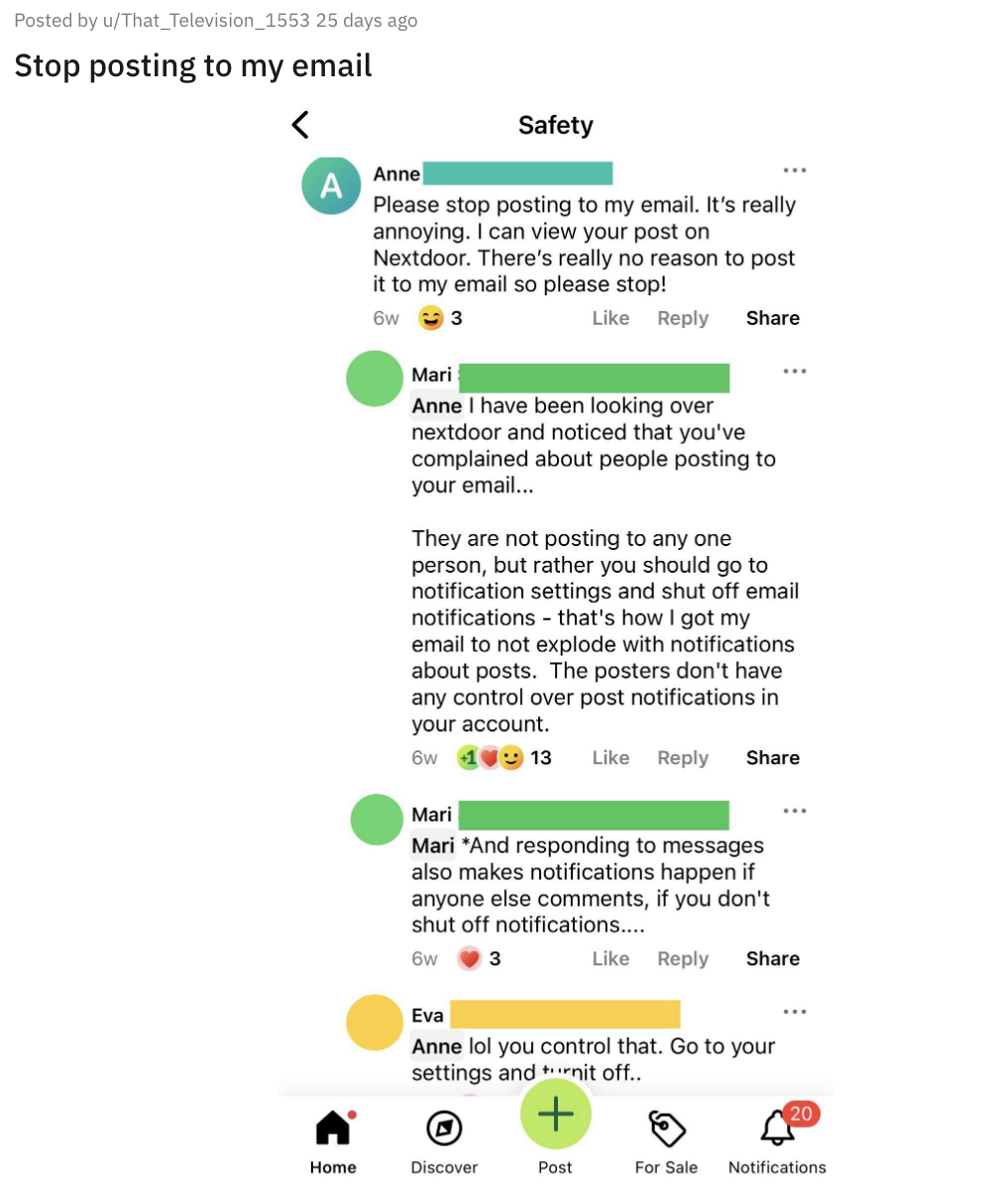 Screen shot of comments on a post