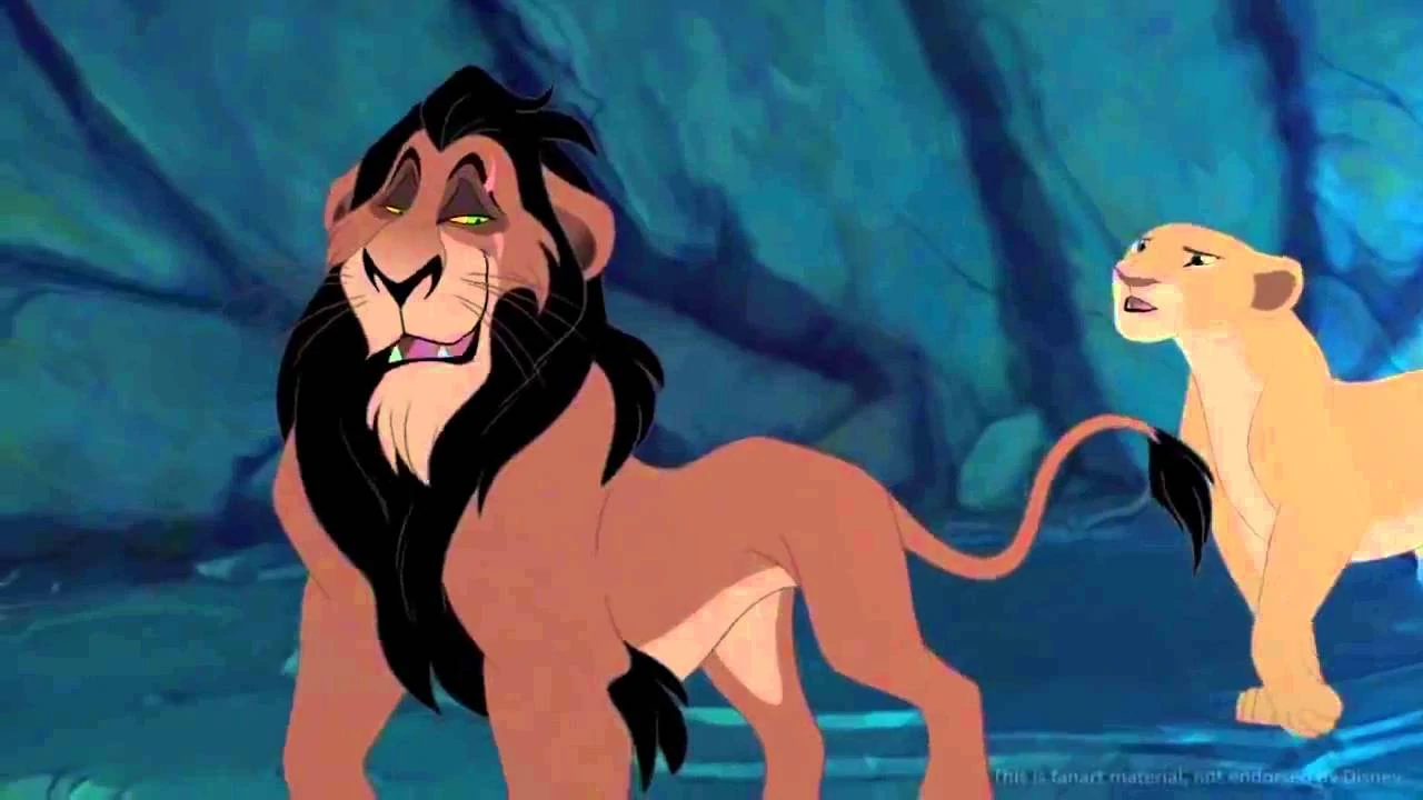 scar looking smug while nala looks concerned behind him