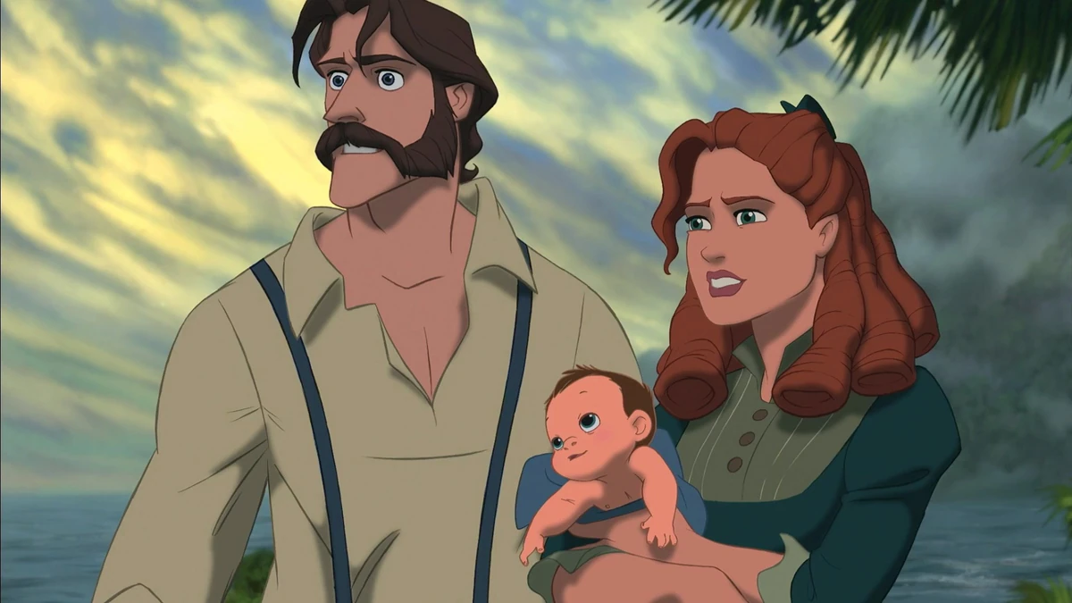 little baby tarzan with his mum and dad, who look very concerned