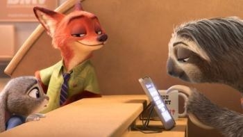 judy and nick being served by flash who is concentrating on a screen- judy looks tense and nick looks smug