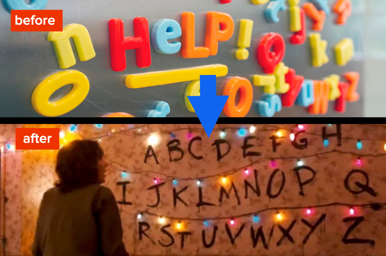 (top) kitchen fridge magnets that spell help (right) winona ryder as joyce communicates with her son through christmas lights and an alphabet