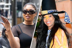 Megan Thee Stallion wears a sheer top with black sunglasses. Erykah Badu wears a yellow sweater with strips and a black hat.