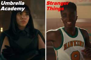 A character is on the left labeled, "Umbrella Academy" with another labeled, "Stranger Things"