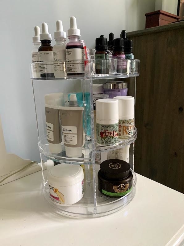 Reviewer image of organizer filled with skincare products