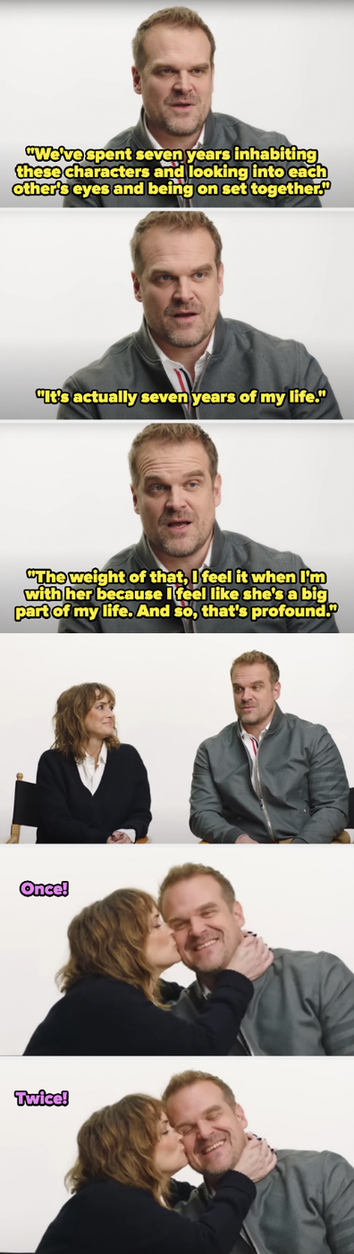 Winona Ryder kissing David Harbour on the cheek... twice!