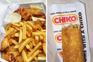 Left: A fish and chips order; Right: A close up of a Chiko Roll