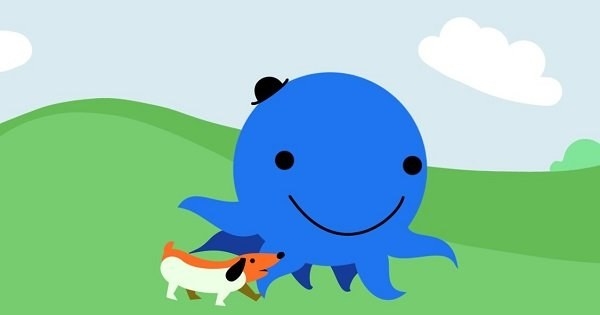 Animated figures of a blue coloured octopus and his dog, taking a walk