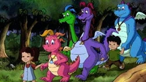 Animated figures of two human kids and four colourful dragons, walking