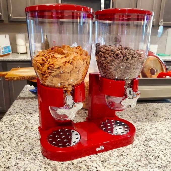 Reviewer image of red cereal dispenser in their kitchen