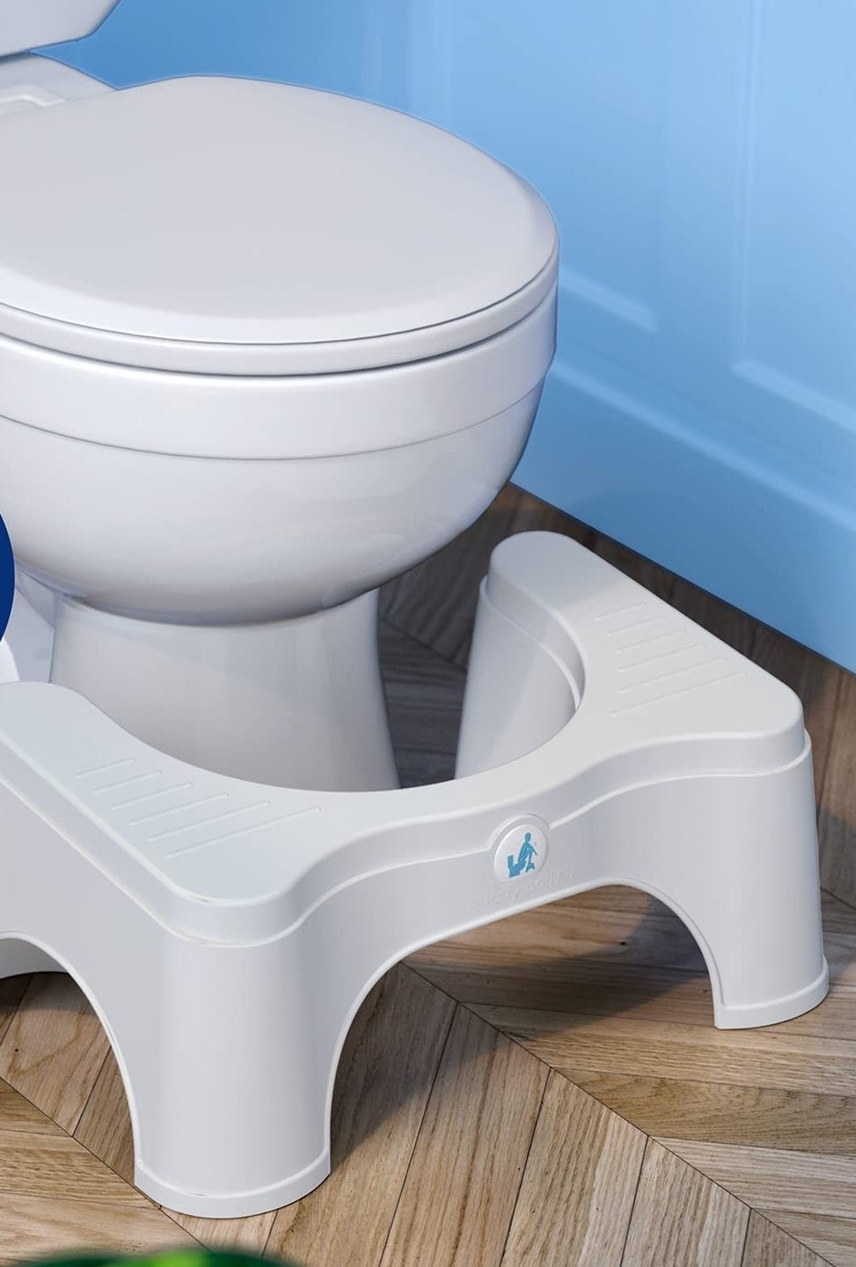 the squatty potty in front of a toilet in a bathroom