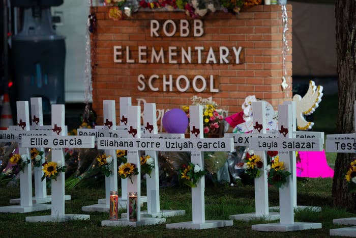 The memorial outside Robb Elementary School for the students and teachers killed in the shooting in Uvalde, Texas
