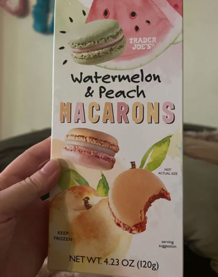 A package of frozen Peach and Watermelon Macarons.