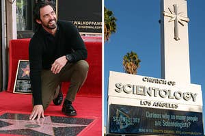 The actor Milo Ventimiglia smiling while getting a star on the Hollywood Walk of Fame and a pillar and billboard for a Scientology Church