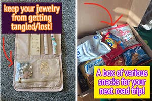 A split thumbnail of a jewelry organizer and snacks