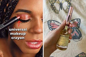 person applying makeup crayon to eyelid, a mini perfume travel bottle being filled from regular size perfume bottle