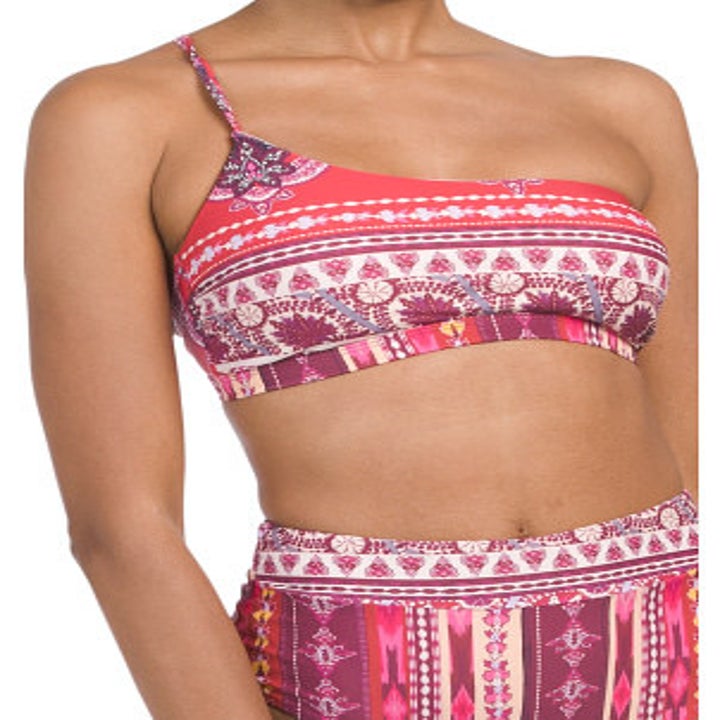 model wearing a one-shoulder strapped printed bikini