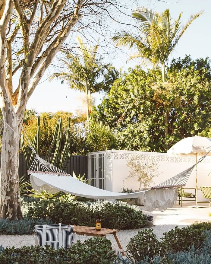 a hammock hanging in a backyard