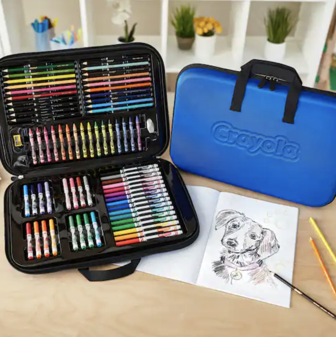a set of Crayola crayons and markers in a carrying case