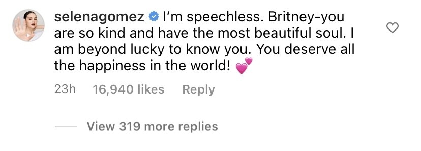 A screenshot of Selena&#x27;s comment