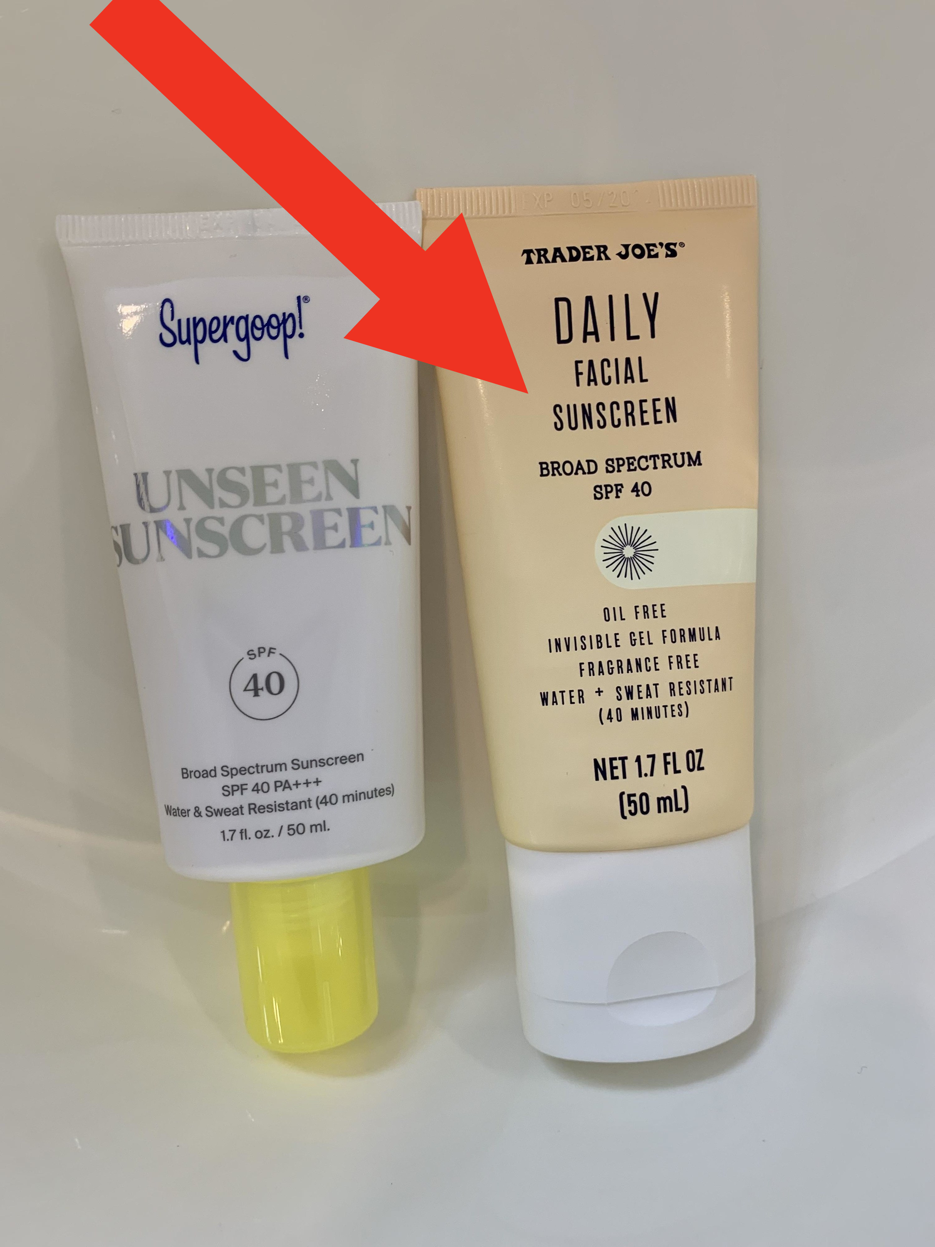 Trader Joe&#x27;s sunscreen next to the brand name Supergoop Unseen Sunscreen