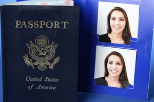 A USA passport sits beside two small wallet sized pictures