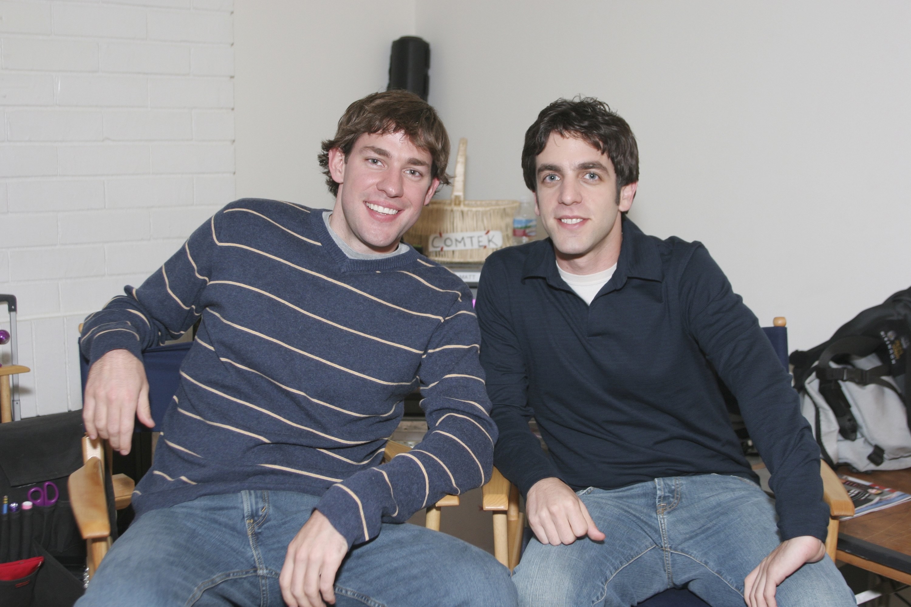 John Krasinski and B.J. Novak pose for a 2005 onset photo while shooting &quot;The Office&quot; episode, &quot;E-Mail Surveillance&quot;