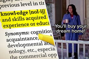 A therasus with the word "knowledge" highlighted and Lorelai Gilmore stands on her front porch