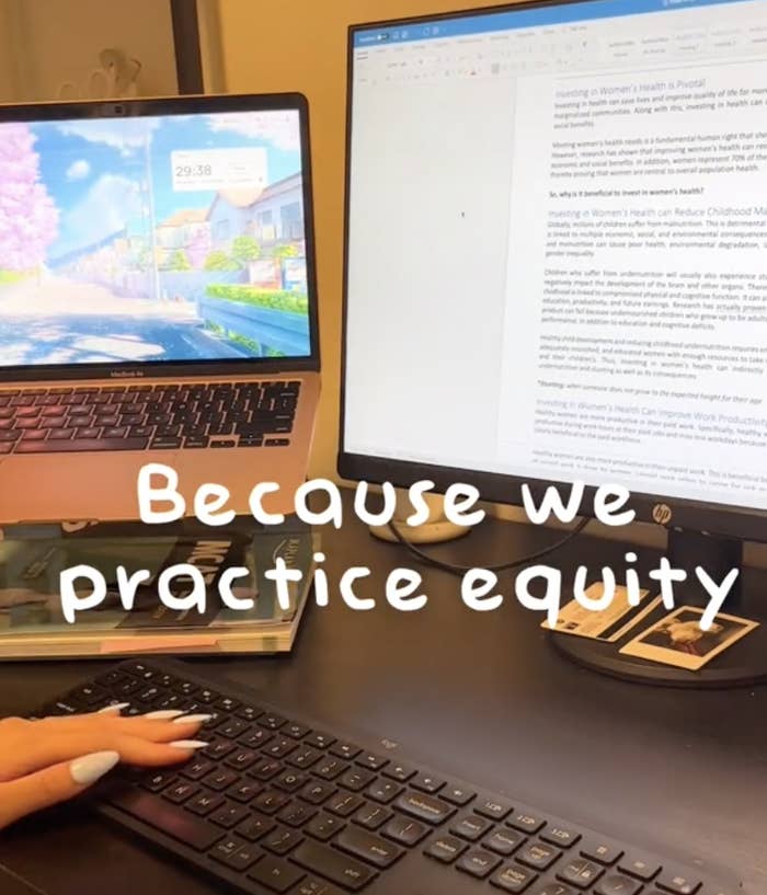close up of a computer and desk  with the text, because we practice equity
