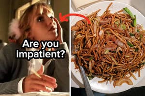 Britney Spears leans her head on her hand as she sits at a school desk and an overhead shot of a plate of chow mein