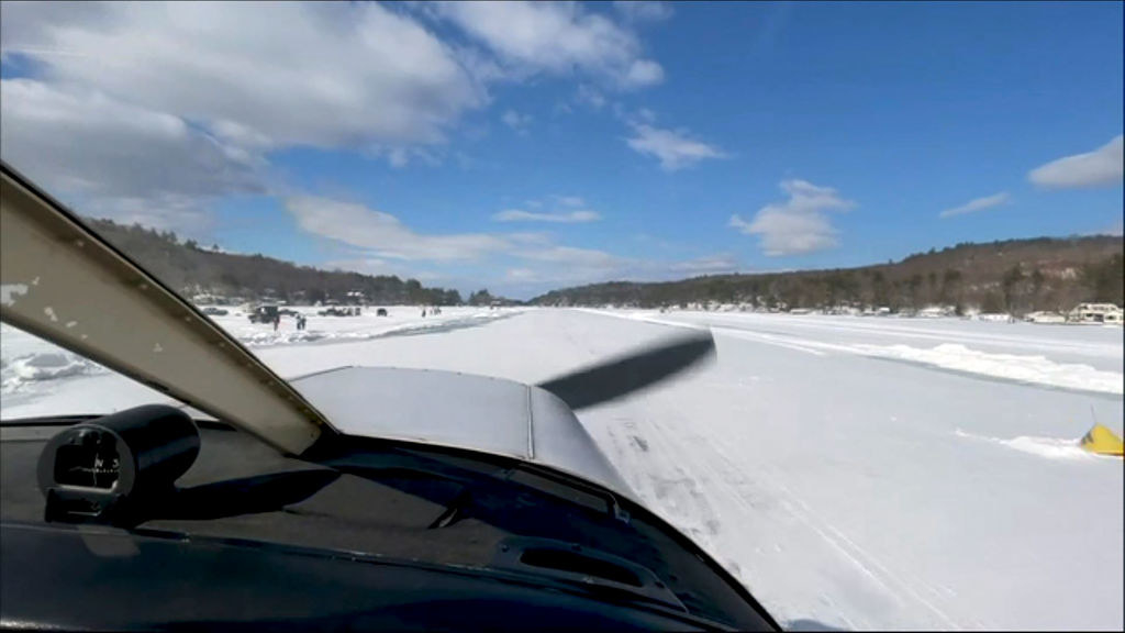 snowy tarmac view from cockpit