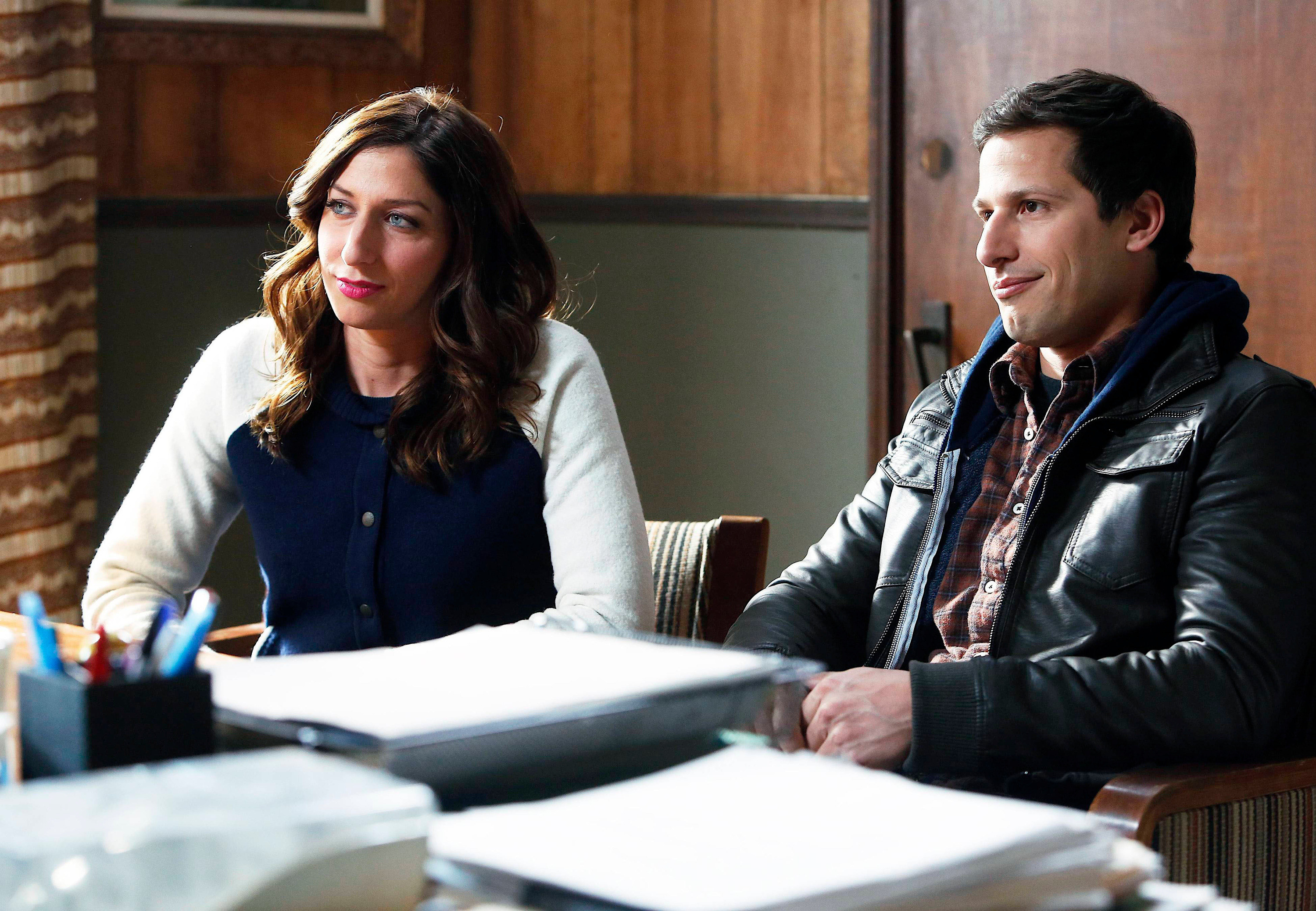 Chelsea Peretti and Andy Samberg are pictured in a 2014 episode of &quot;Brooklyn Nine-Nine&quot; called &quot;The Apartment&quot;