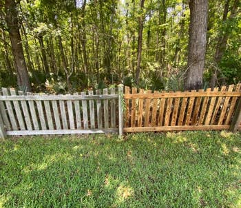left: reviewer pic of fence with a dirty side / right, same fence with a cleaner, more wood-appearing side after using a pressure washer to clean it