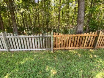 on left, reviewer pic of fence with a dirty side. on right, same fence with a cleaner, more wood-appearing side after using a power washer to clean it