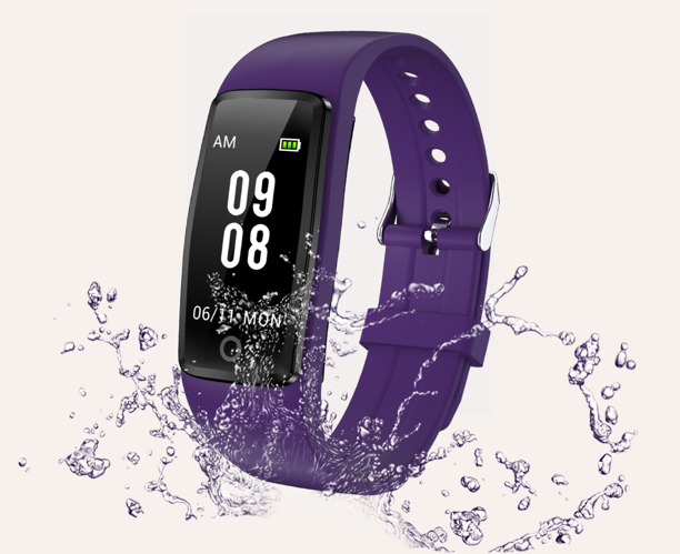 the purple pedometer watch being splashed in water