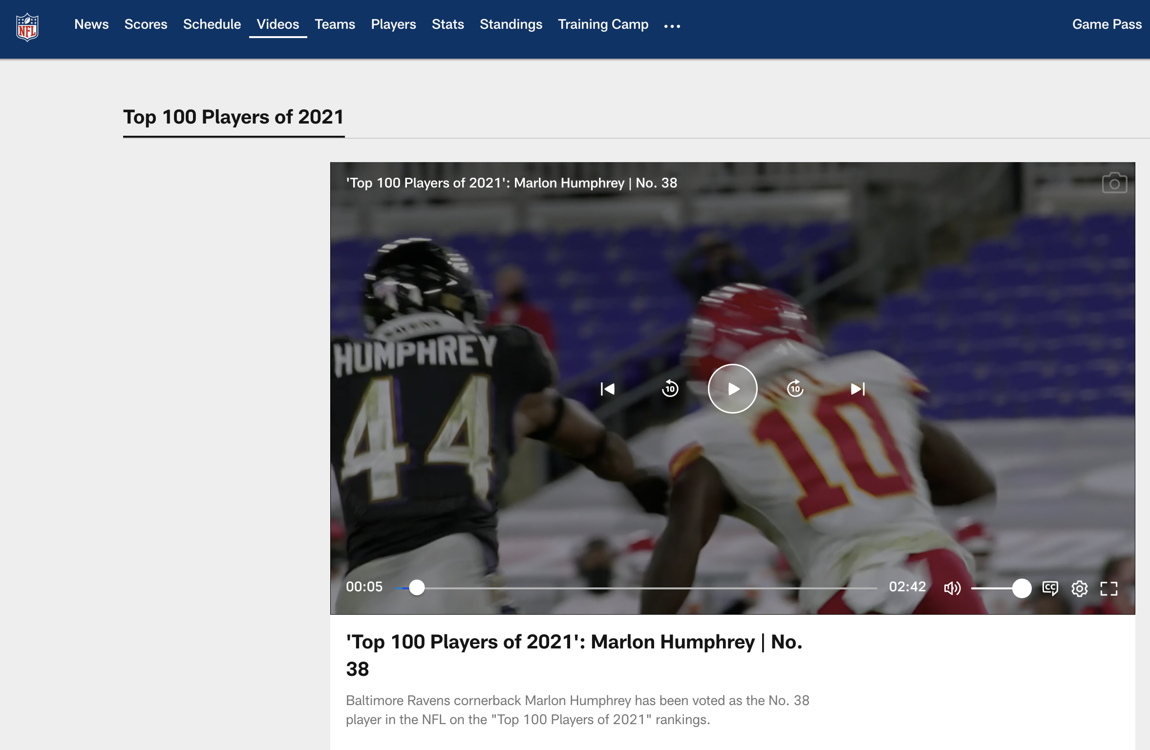 NFL web page with Humphrey ranked 38