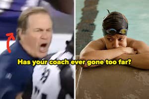 Bill Belichick yells and a swimmer looks stressed