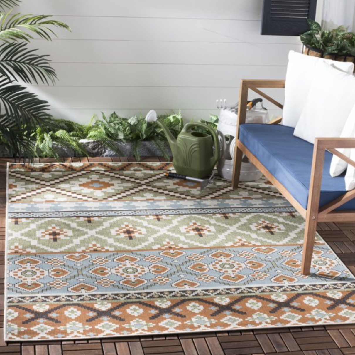 The southwestern indoor outdoor rug on a patio