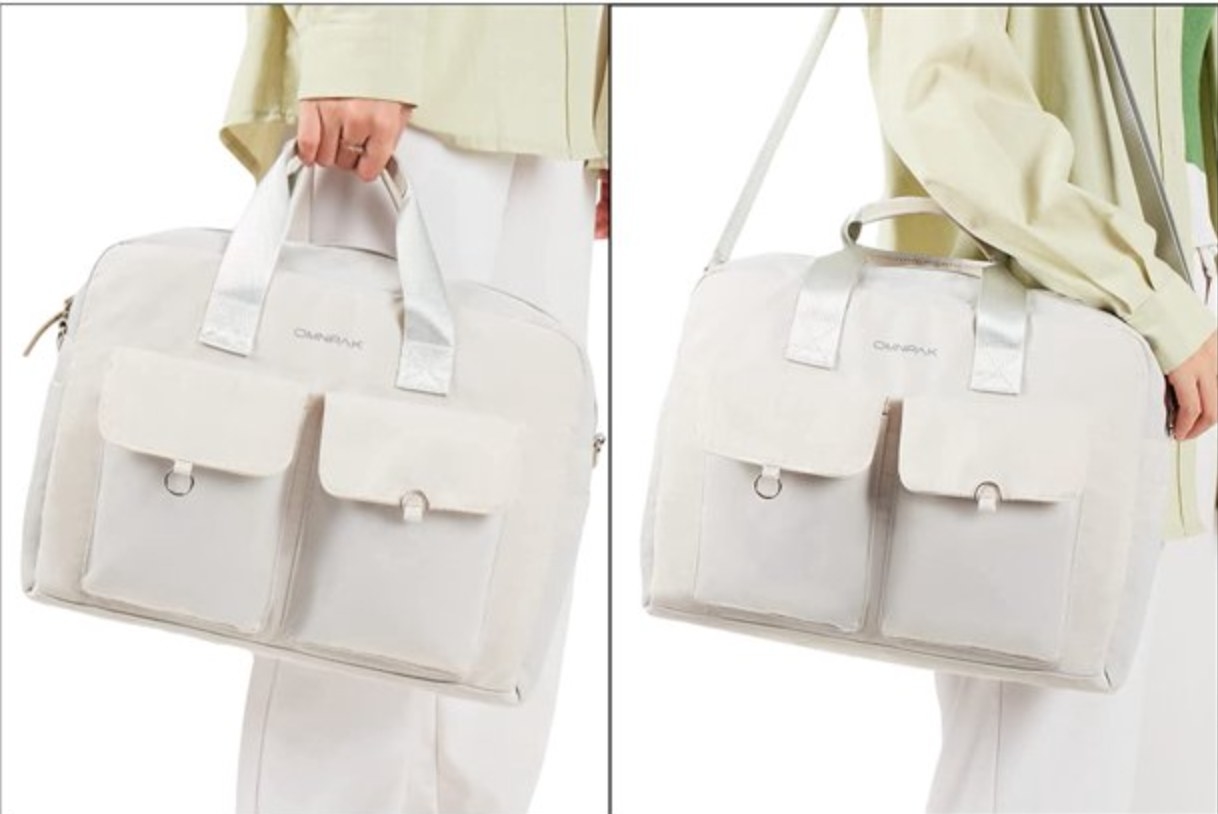 model holding the bag in white two different ways