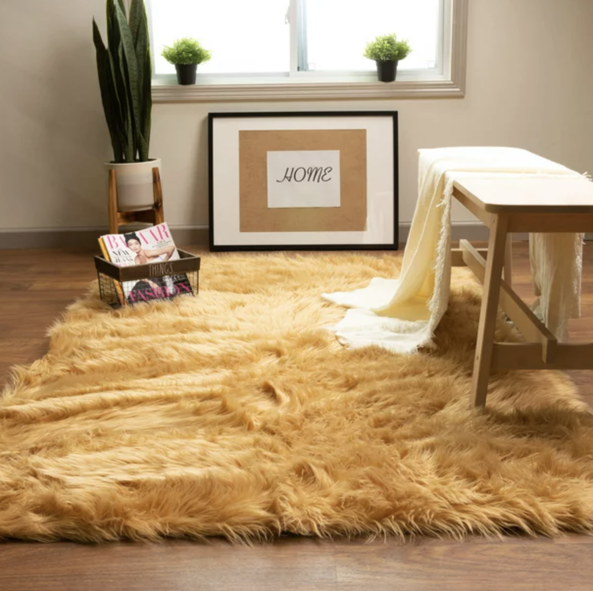A yellow faux sheepskin shag rug