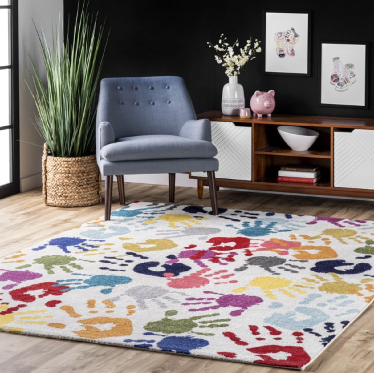 The kids area rug with colorful handprint print