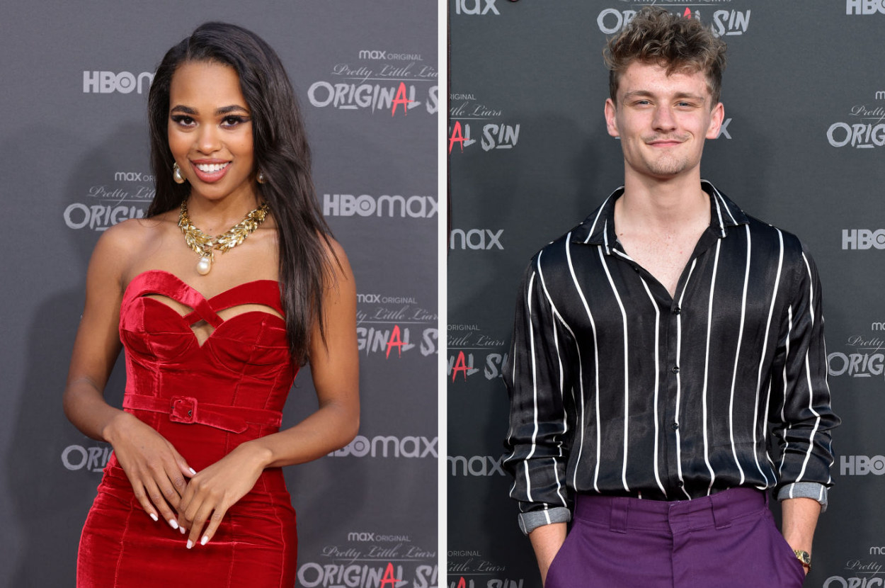 Zaria smiling at the premiere; Ben Cook smiling with his hands in his pockets